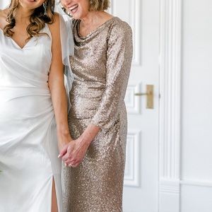 Revelry Mother of the Bride dress gold sequin long sleeve full length wedding